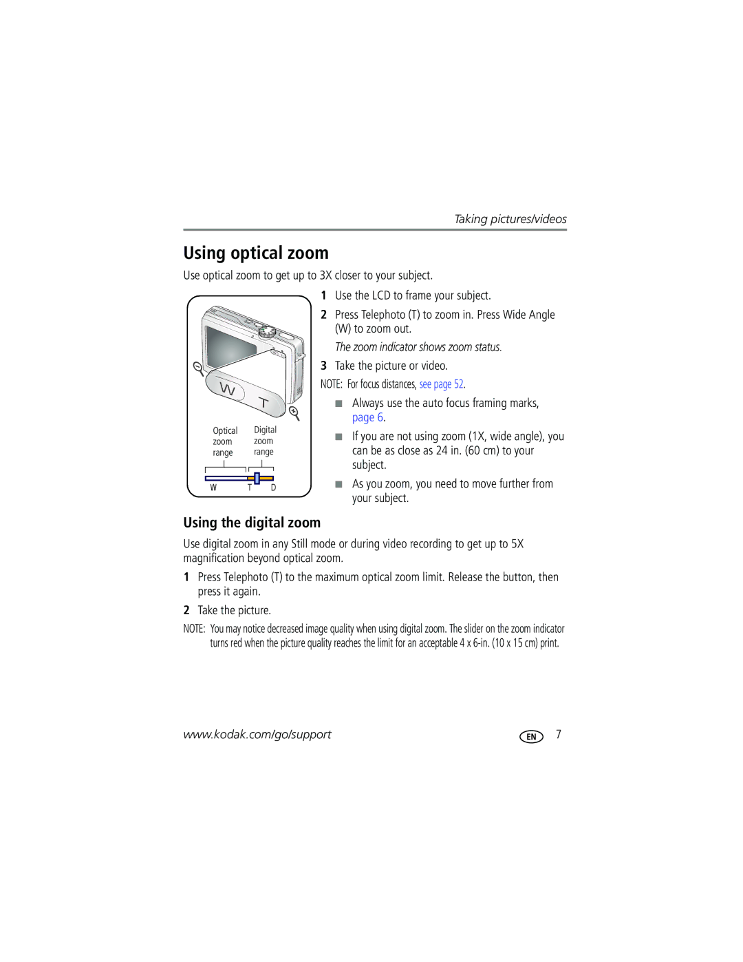 Kodak M753 manual Using optical zoom, Using the digital zoom, Use optical zoom to get up to 3X closer to your subject 