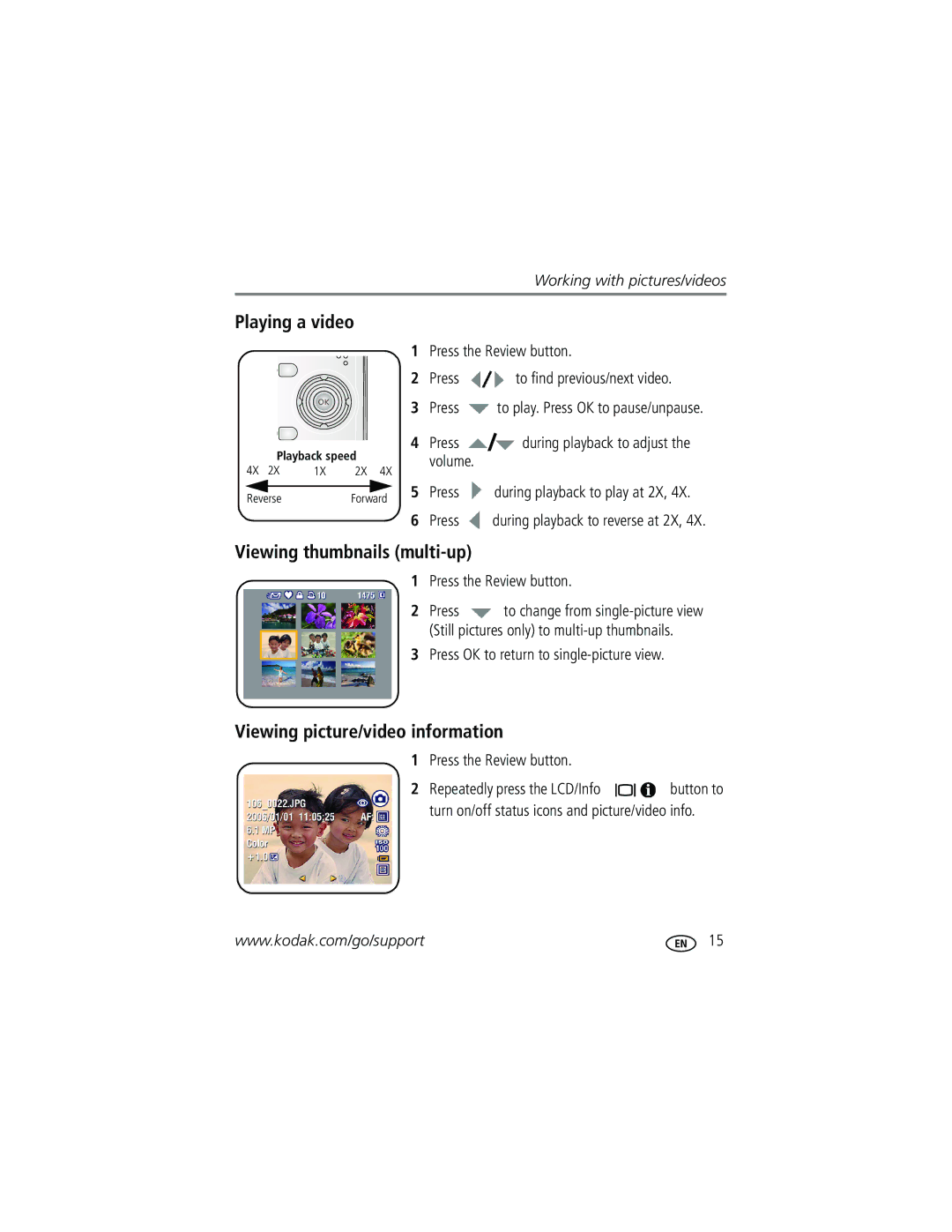 Kodak M753 manual Playing a video, Viewing thumbnails multi-up, Viewing picture/video information 