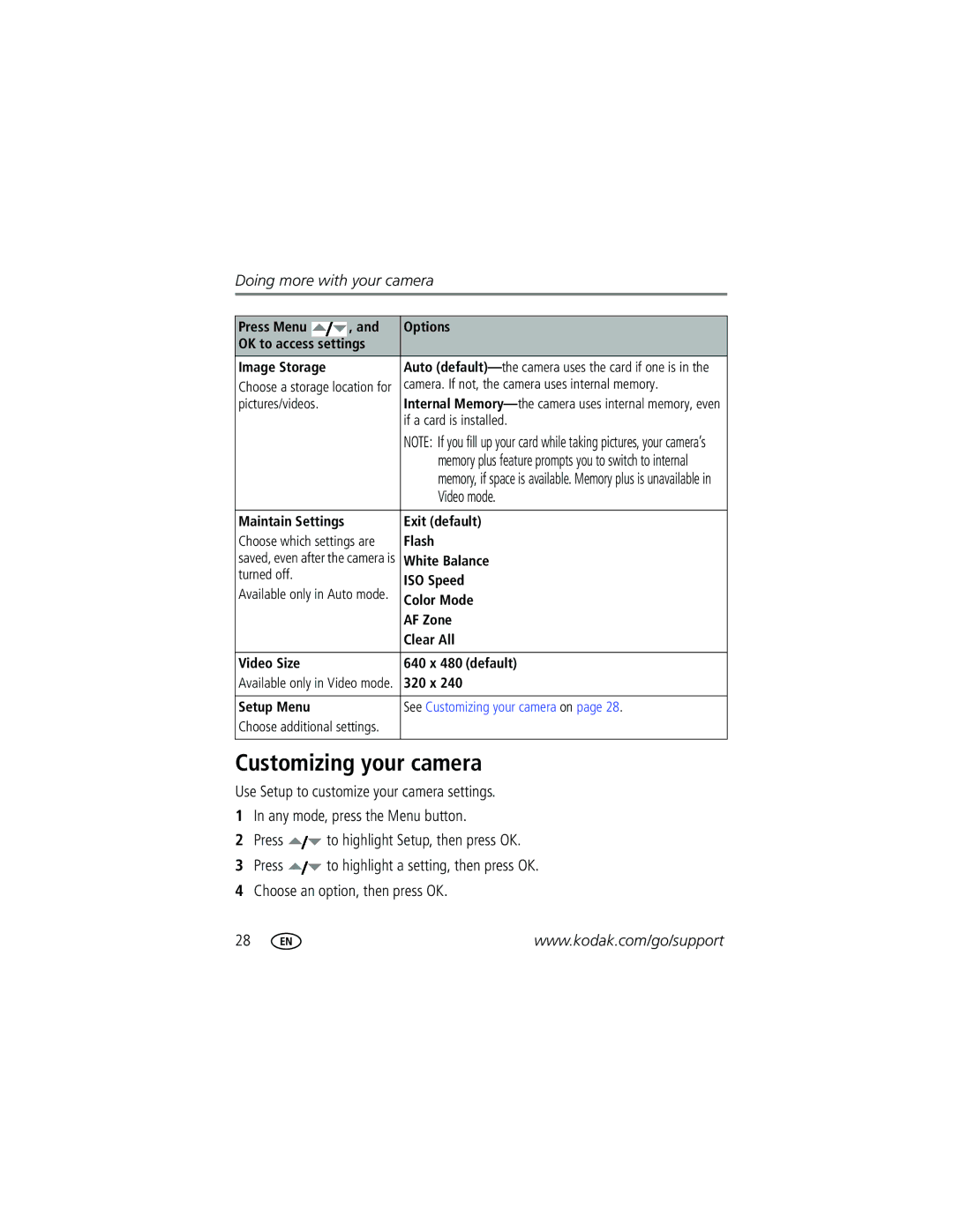 Kodak M753 manual Customizing your camera, Video mode 