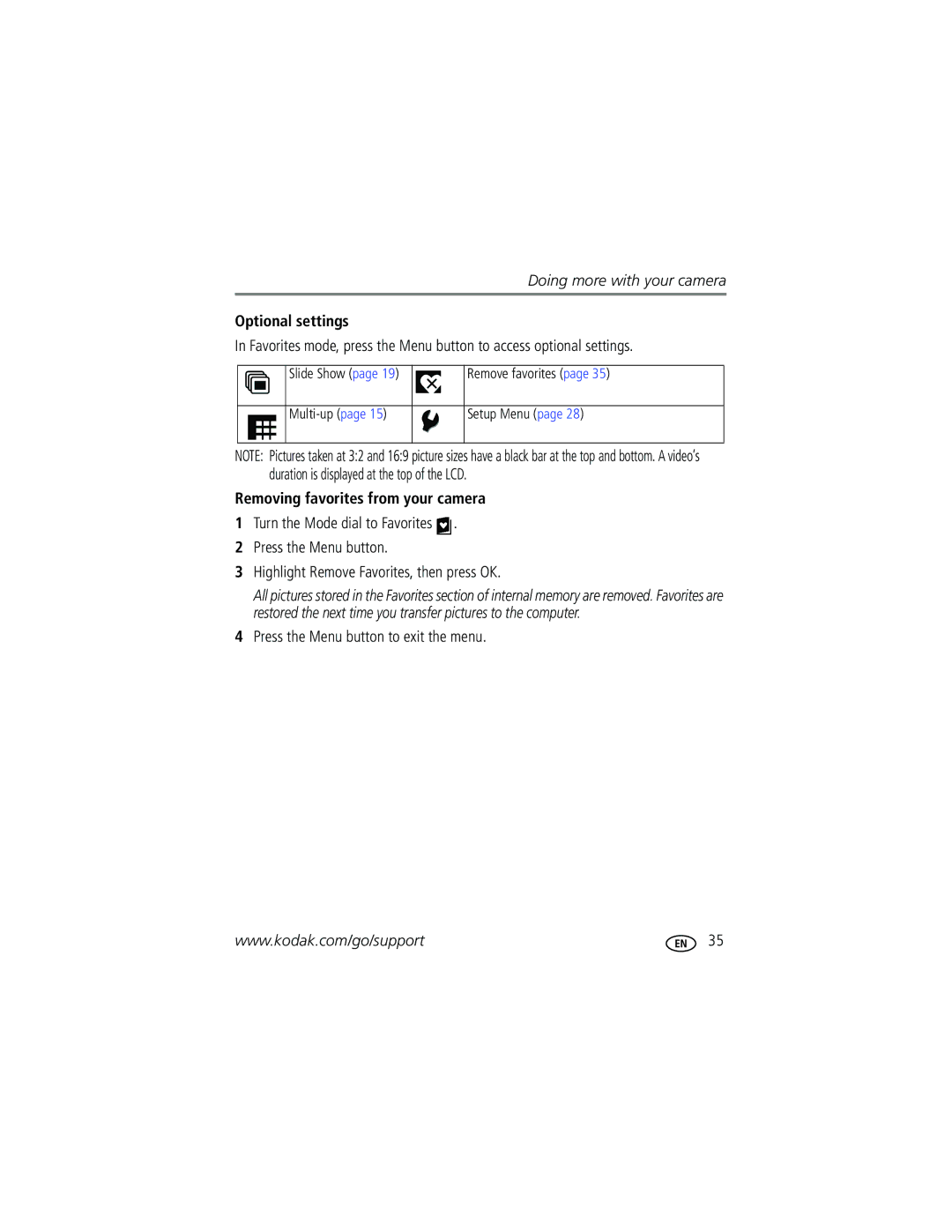 Kodak M753 manual Optional settings, Removing favorites from your camera 