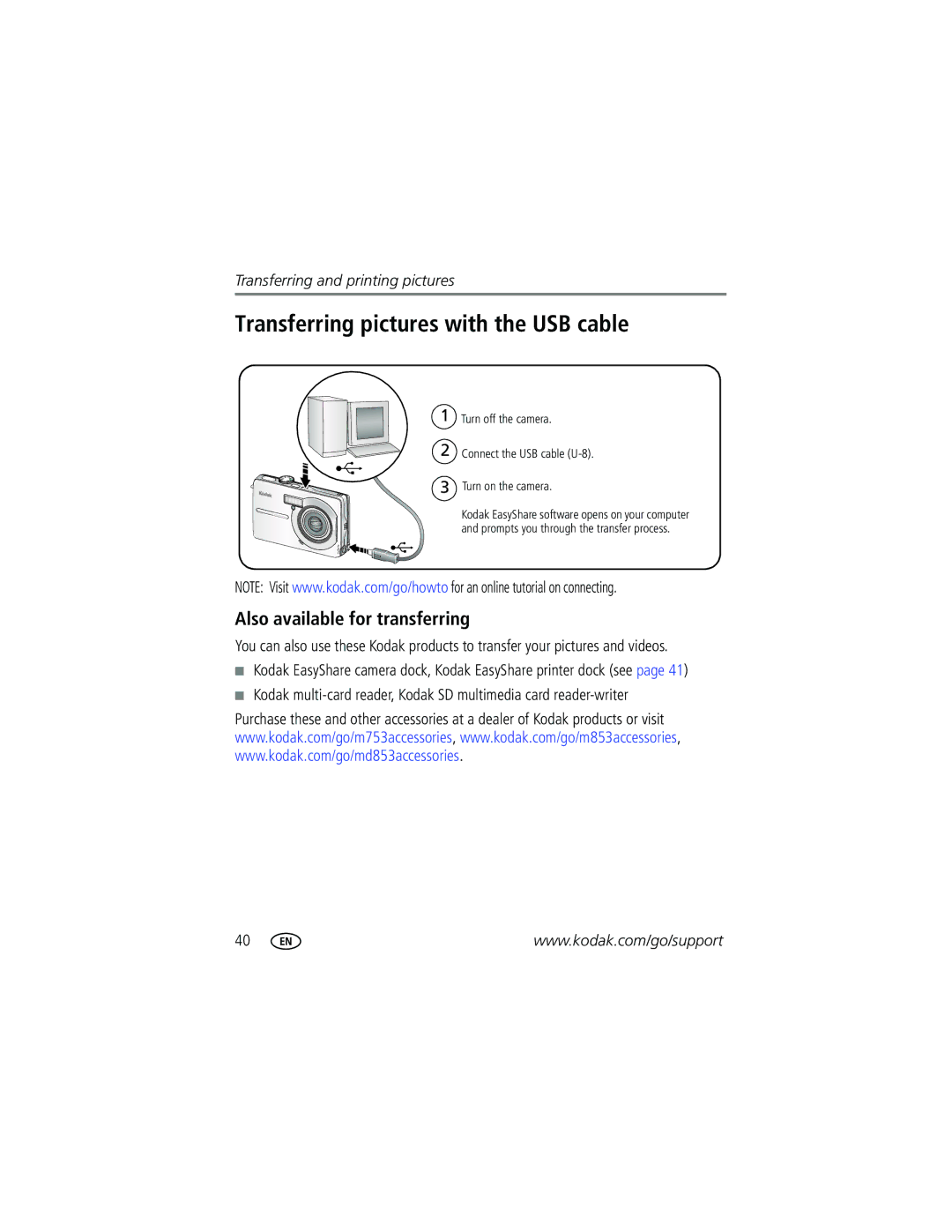 Kodak M753 manual Transferring pictures with the USB cable, Also available for transferring 