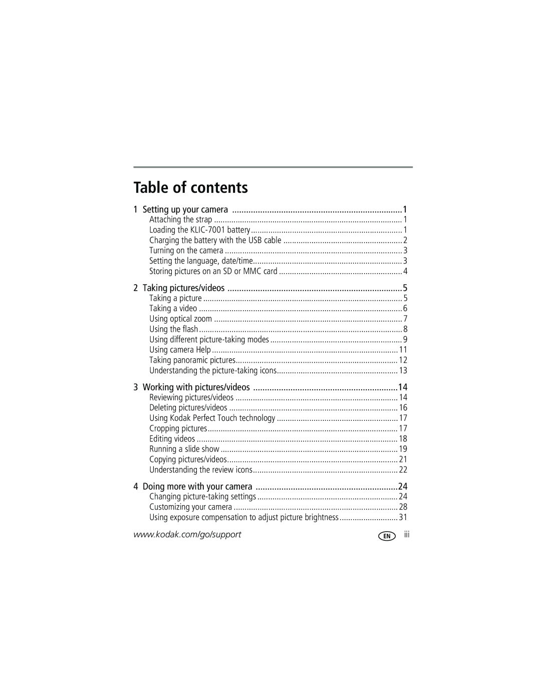 Kodak M753 manual Table of contents 