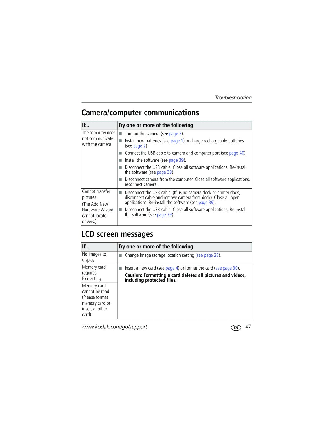 Kodak M753 manual Camera/computer communications, LCD screen messages 