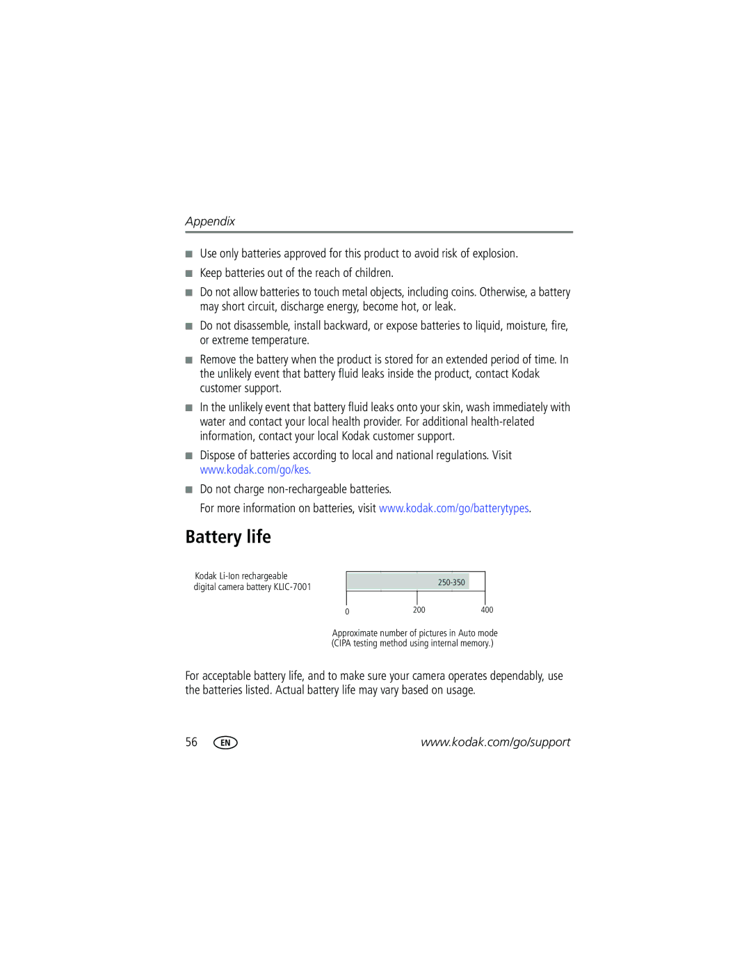 Kodak M753 manual Battery life, Do not charge non-rechargeable batteries 