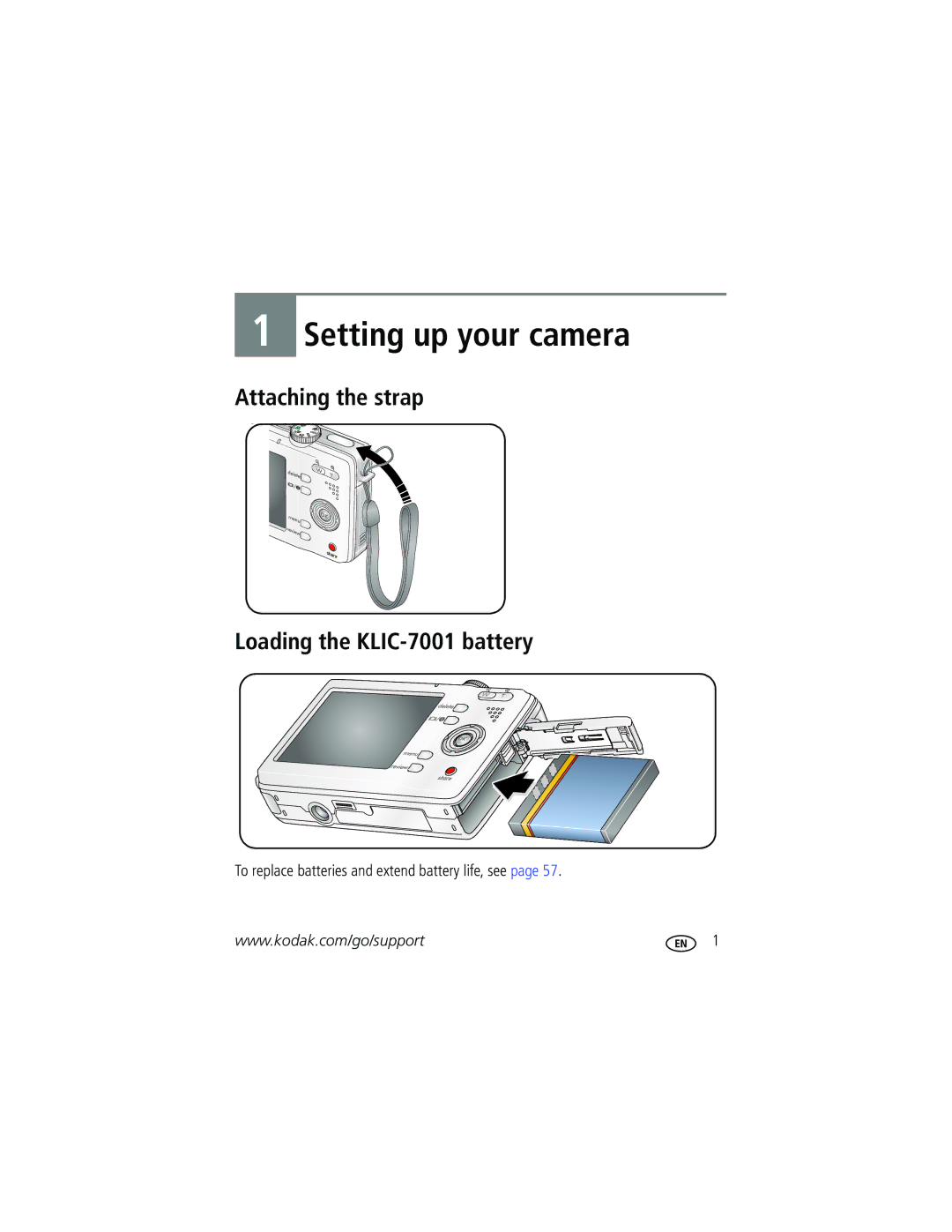 Kodak M753 manual Attaching the strap Loading the KLIC-7001 battery, To replace batteries and extend battery life, see 