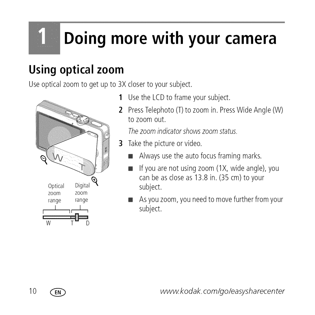 Kodak M763 owner manual Doing more with your camera, Using optical zoom 