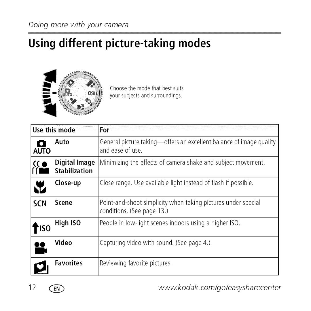 Kodak M763 owner manual Using different picture-taking modes, Auto 