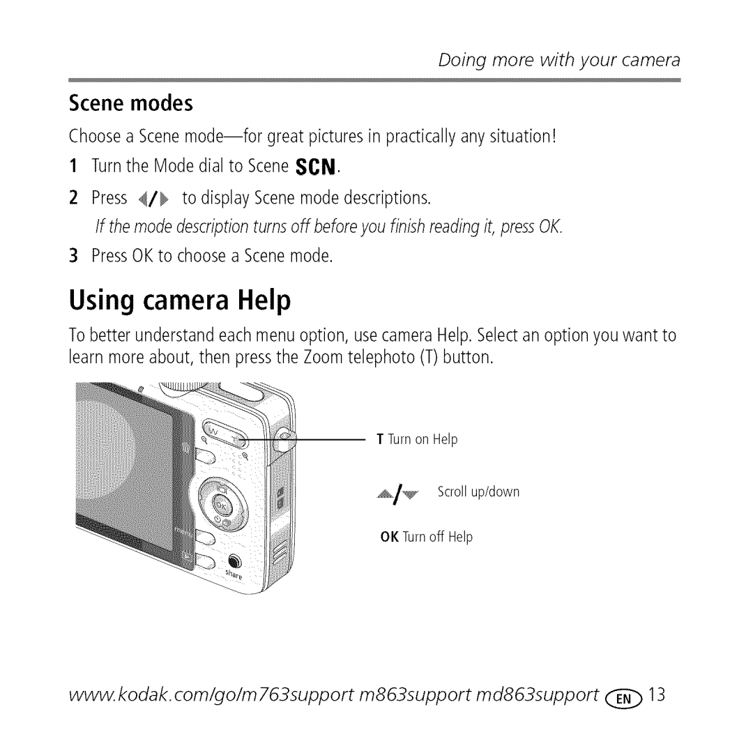 Kodak M763 owner manual Using camera Help, Scene modes 