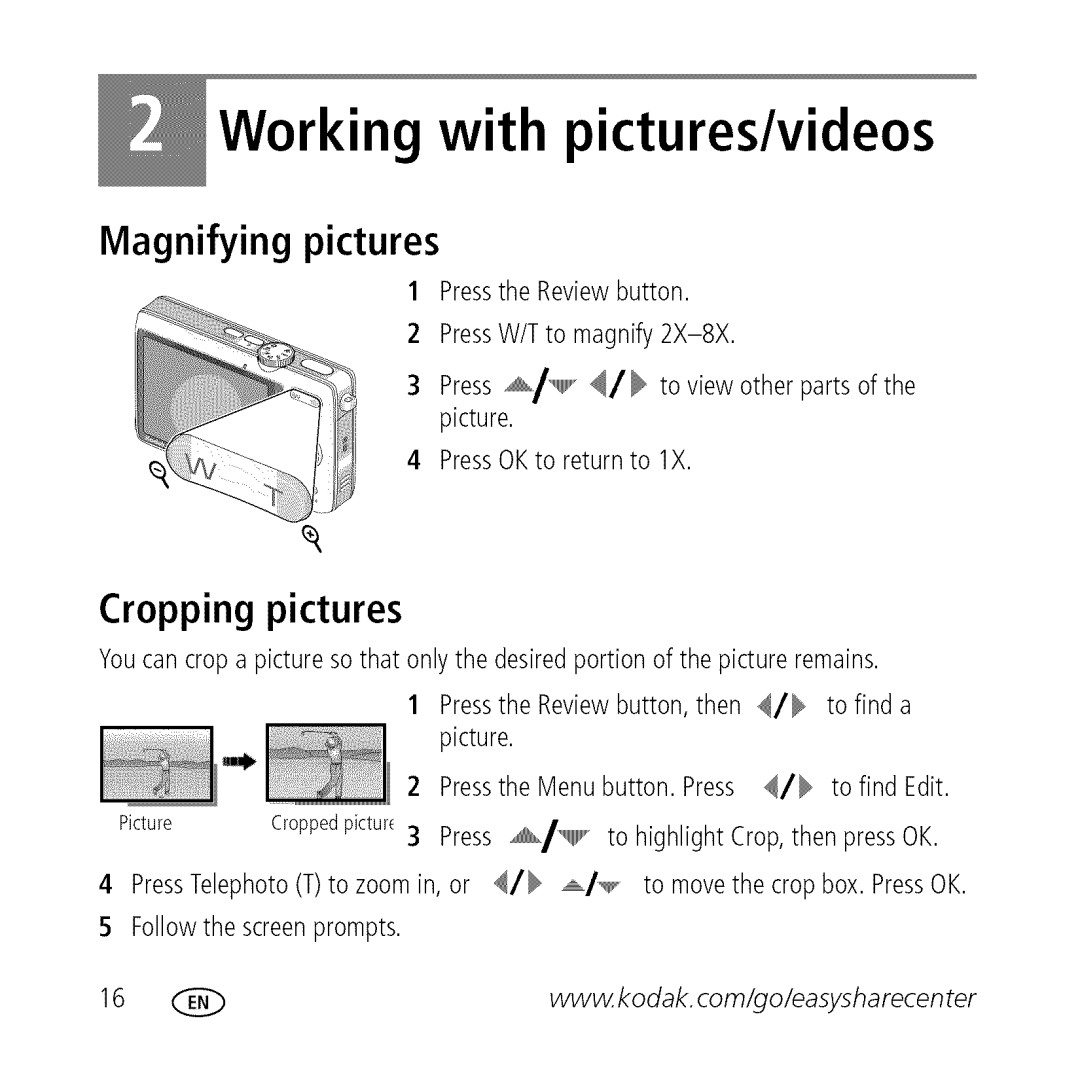 Kodak M763 owner manual Magnifying pictures, Cropping pictures 