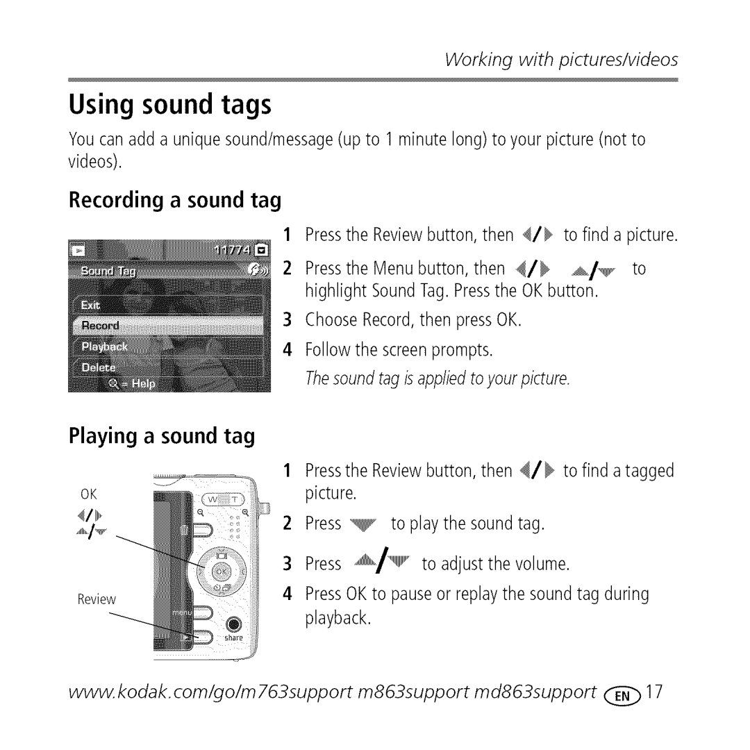 Kodak M763 owner manual Using sound tags, Playing a sound tag 