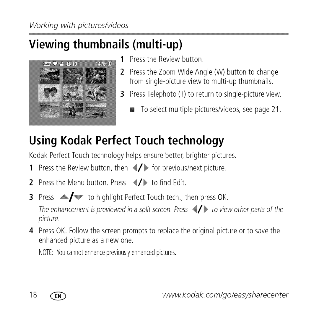 Kodak M763 owner manual Viewing thumbnails multi-up, Using Kodak Perfect Touch technology 