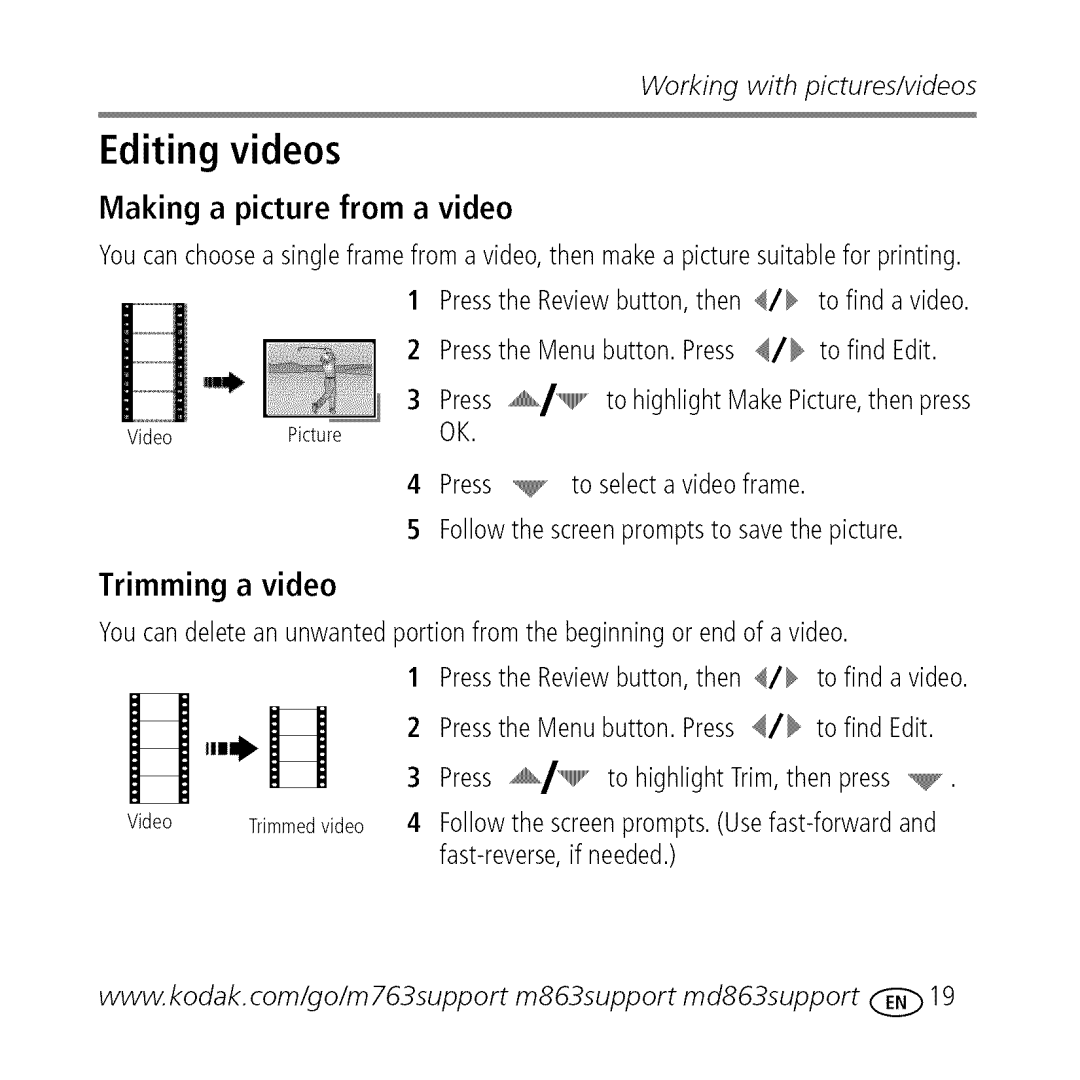 Kodak M763 owner manual Making a picture from a video, Trimming a video 