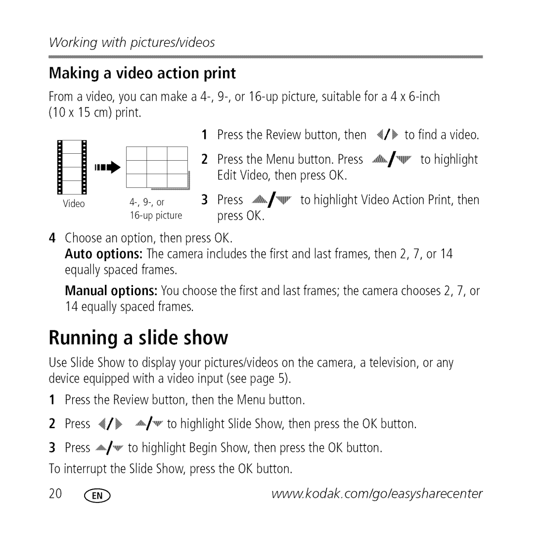 Kodak M763 owner manual Running a slide show, Making a video action print 