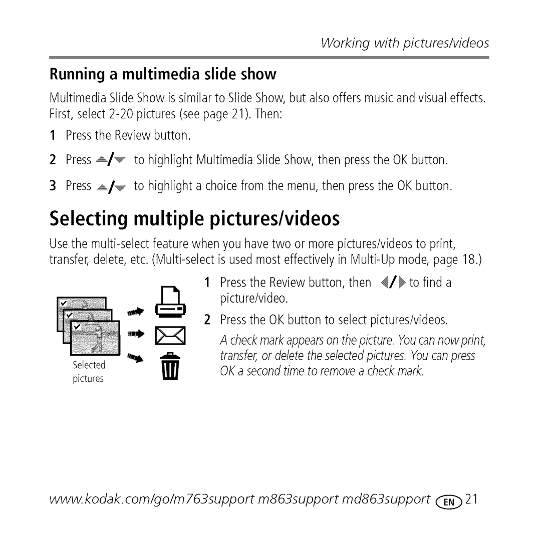 Kodak M763 owner manual Selecting multiple pictures/videos 