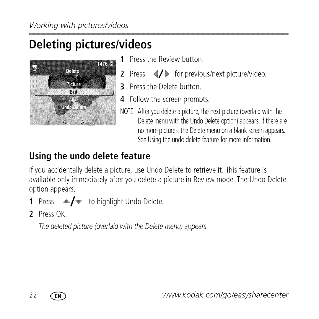 Kodak M763 owner manual Deleting pictures/videos, Using the undo delete feature 