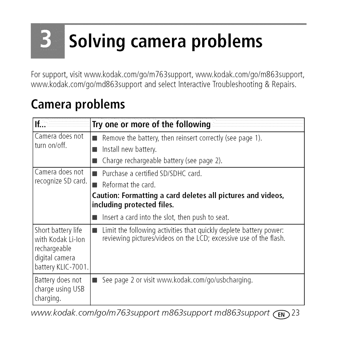 Kodak M763 owner manual Solving camera problems, Camera problems 