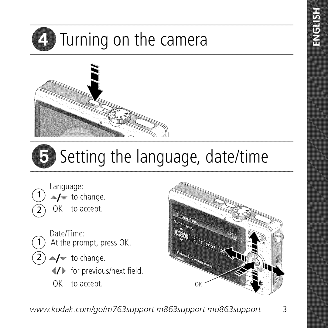 Kodak M763 owner manual Turning on the camera Setting the language, date/time 