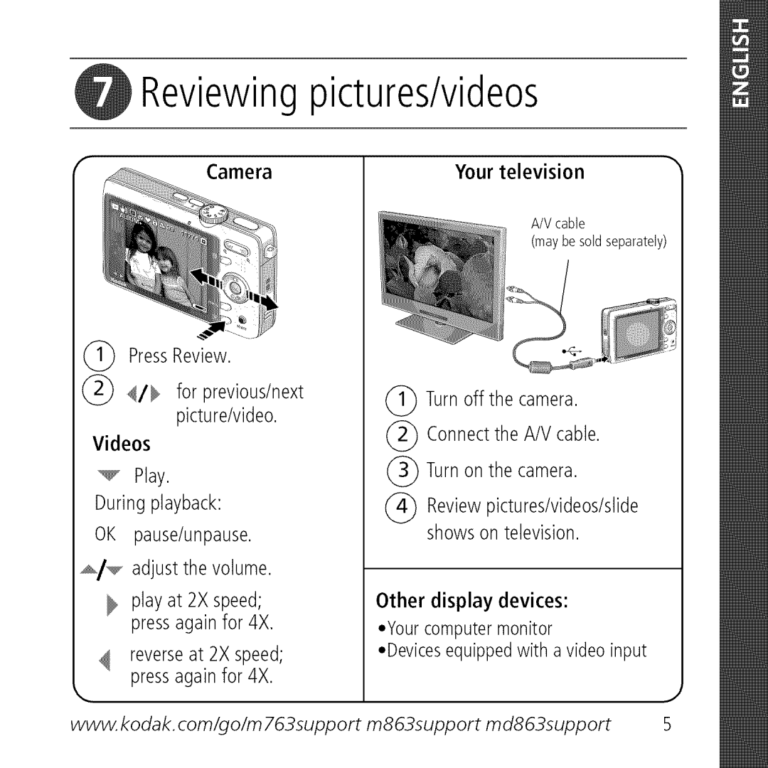 Kodak M763 owner manual Reviewing pictures/videos, Camera Your television 