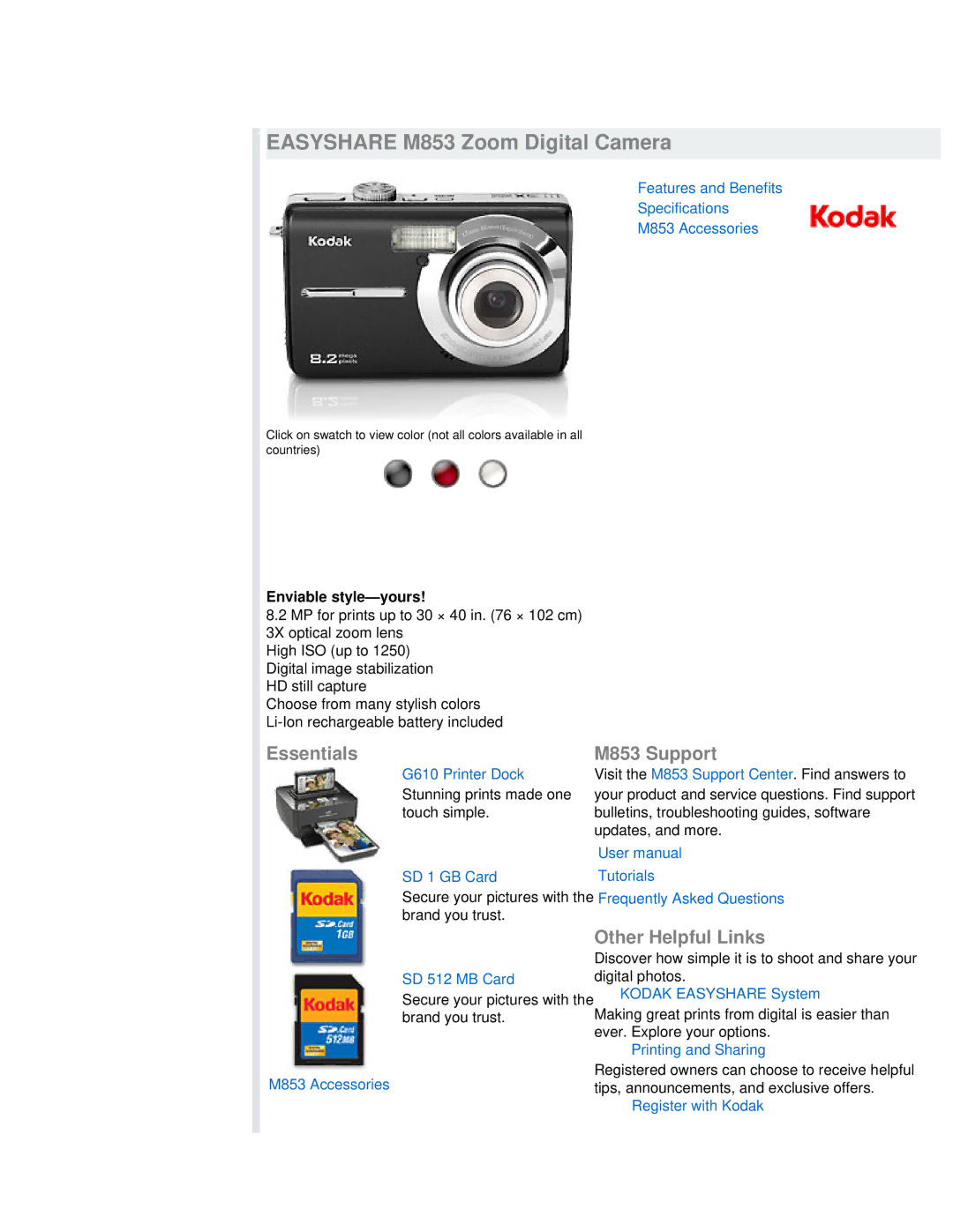 Kodak specifications Easyshare M853 Zoom Digital Camera, Essentials, Enviable style-yours 