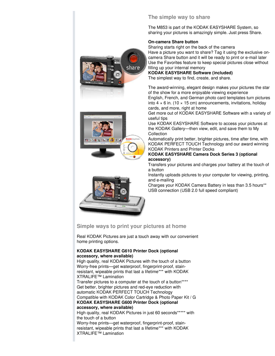 Kodak M853 specifications Simple way to share, Simple ways to print your pictures at home, On-camera Share button 