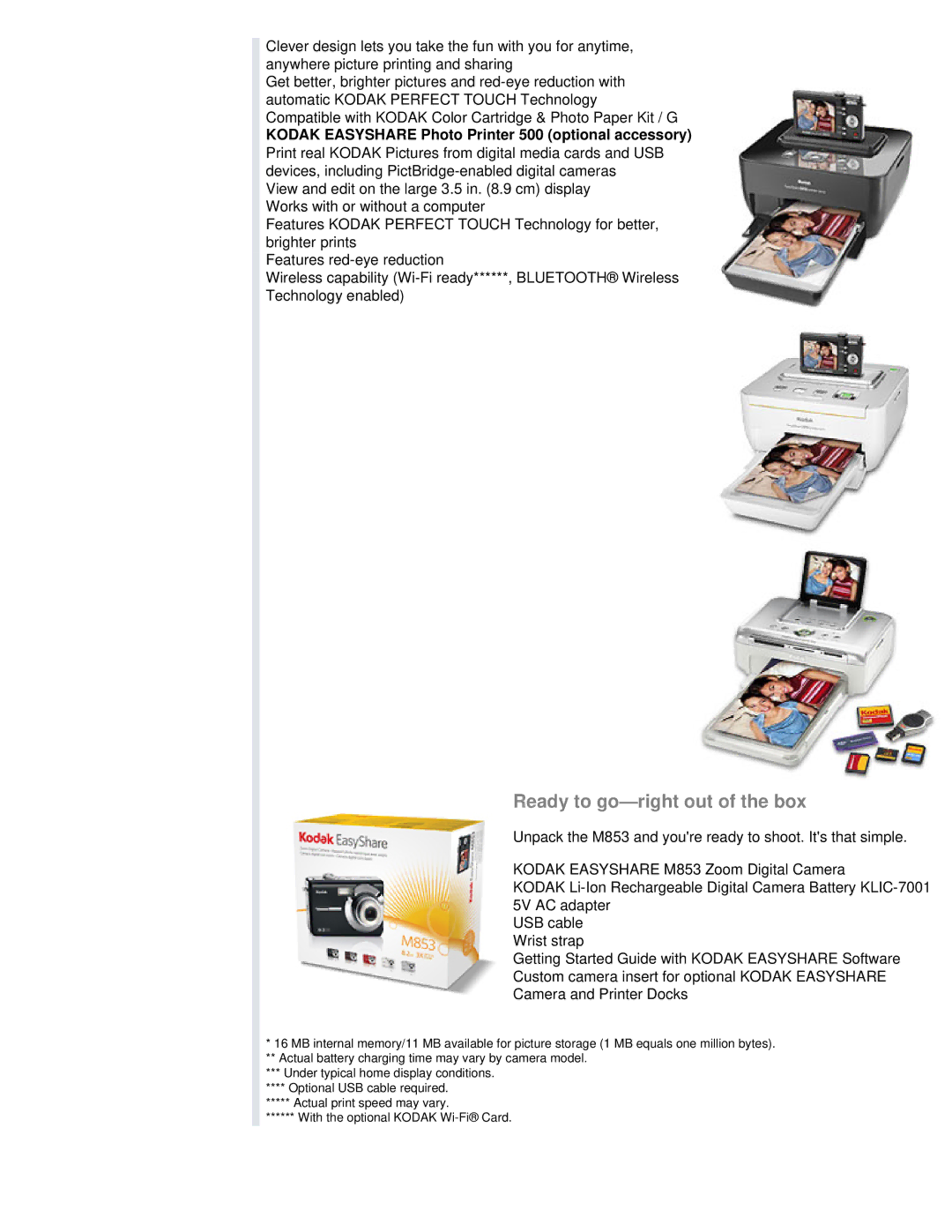 Kodak M853 specifications Ready to go-right out of the box, Kodak Easyshare Photo Printer 500 optional accessory 