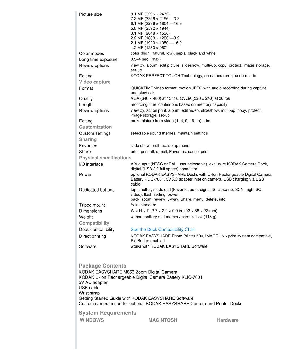 Kodak M853 specifications Package Contents, System Requirements 