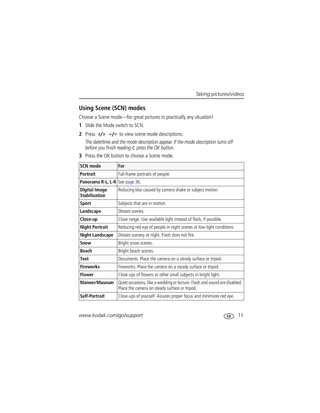 Kodak M873 manual Using Scene SCN modes, Press the OK button to choose a Scene mode 