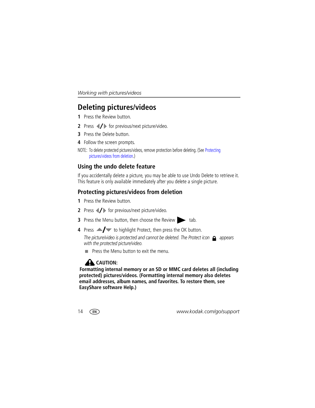 Kodak M873 manual Deleting pictures/videos, Using the undo delete feature, Protecting pictures/videos from deletion 