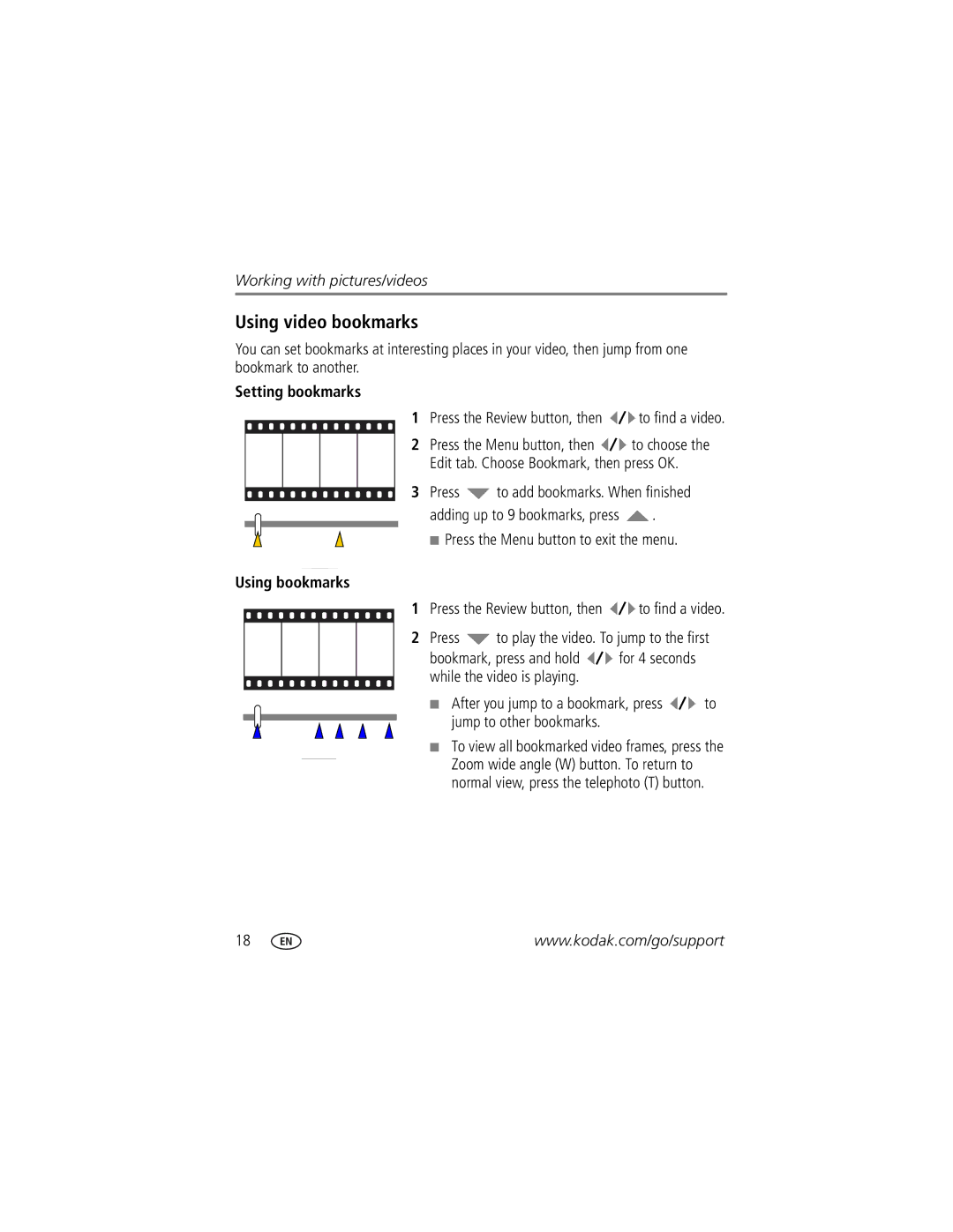 Kodak M873 manual Using video bookmarks, Setting bookmarks, Using bookmarks 