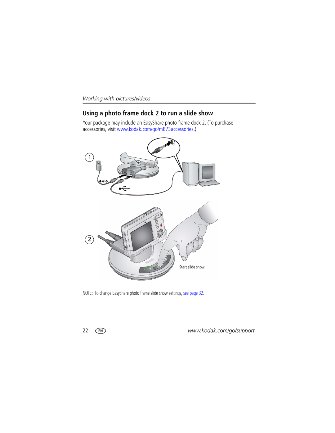 Kodak M873 manual Using a photo frame dock 2 to run a slide show 