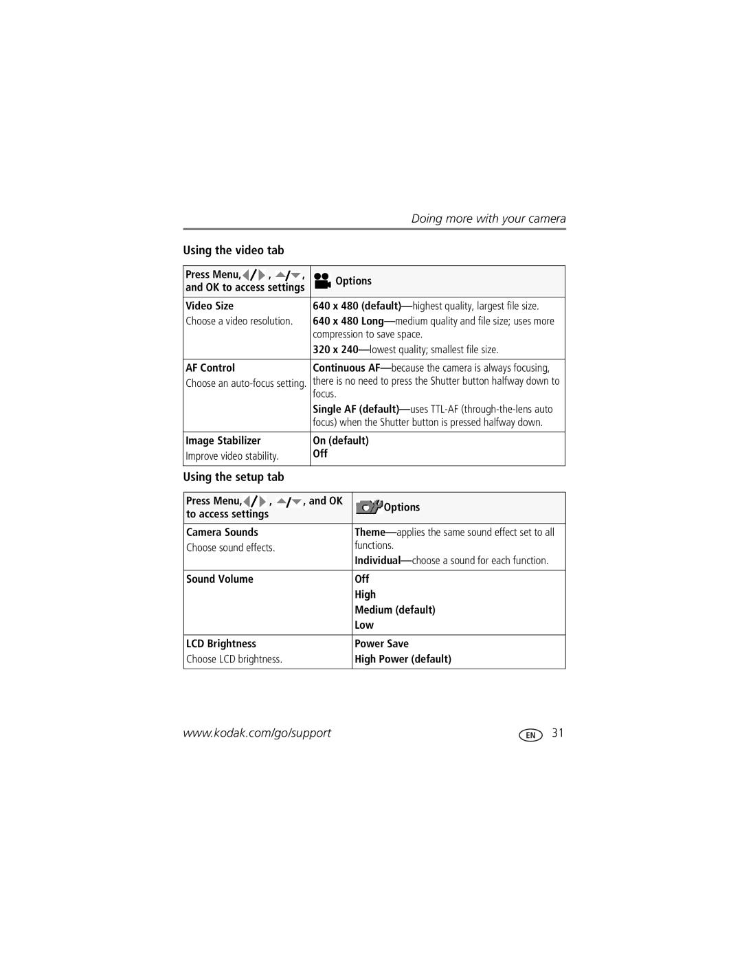 Kodak M873 manual Video Size, Compression to save space, 320 x 240-lowest quality smallest file size, AF Control 