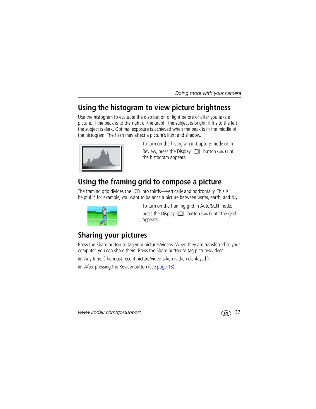 Kodak M873 manual Using the histogram to view picture brightness, Using the framing grid to compose a picture 