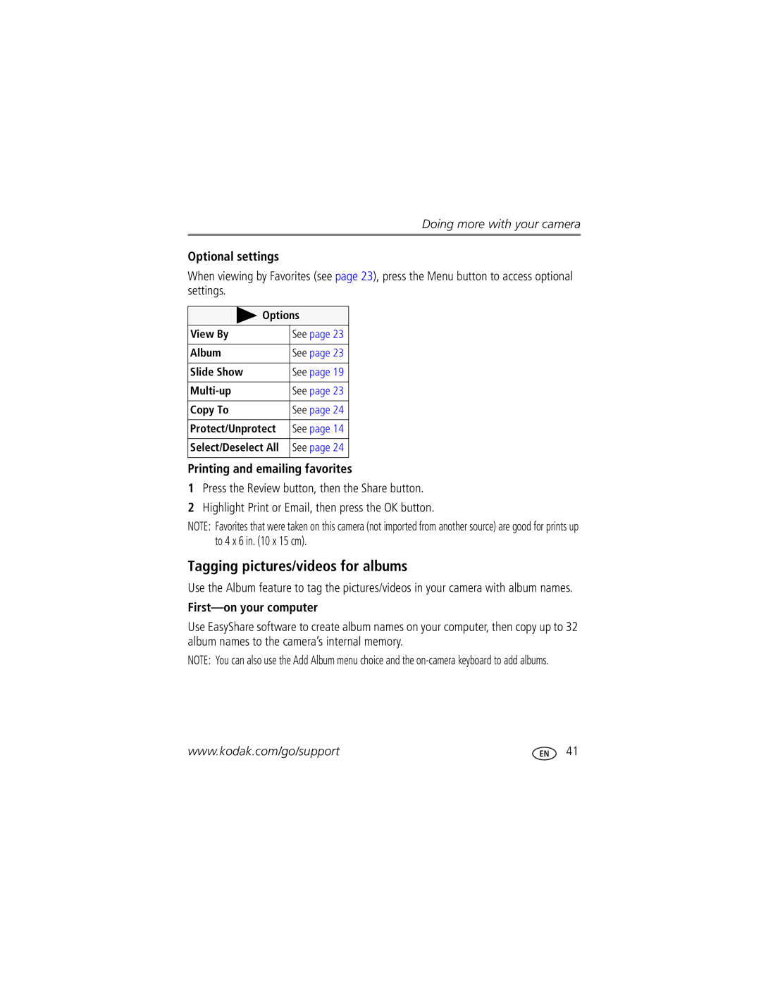 Kodak M873 manual Tagging pictures/videos for albums, Optional settings, Printing and emailing favorites 