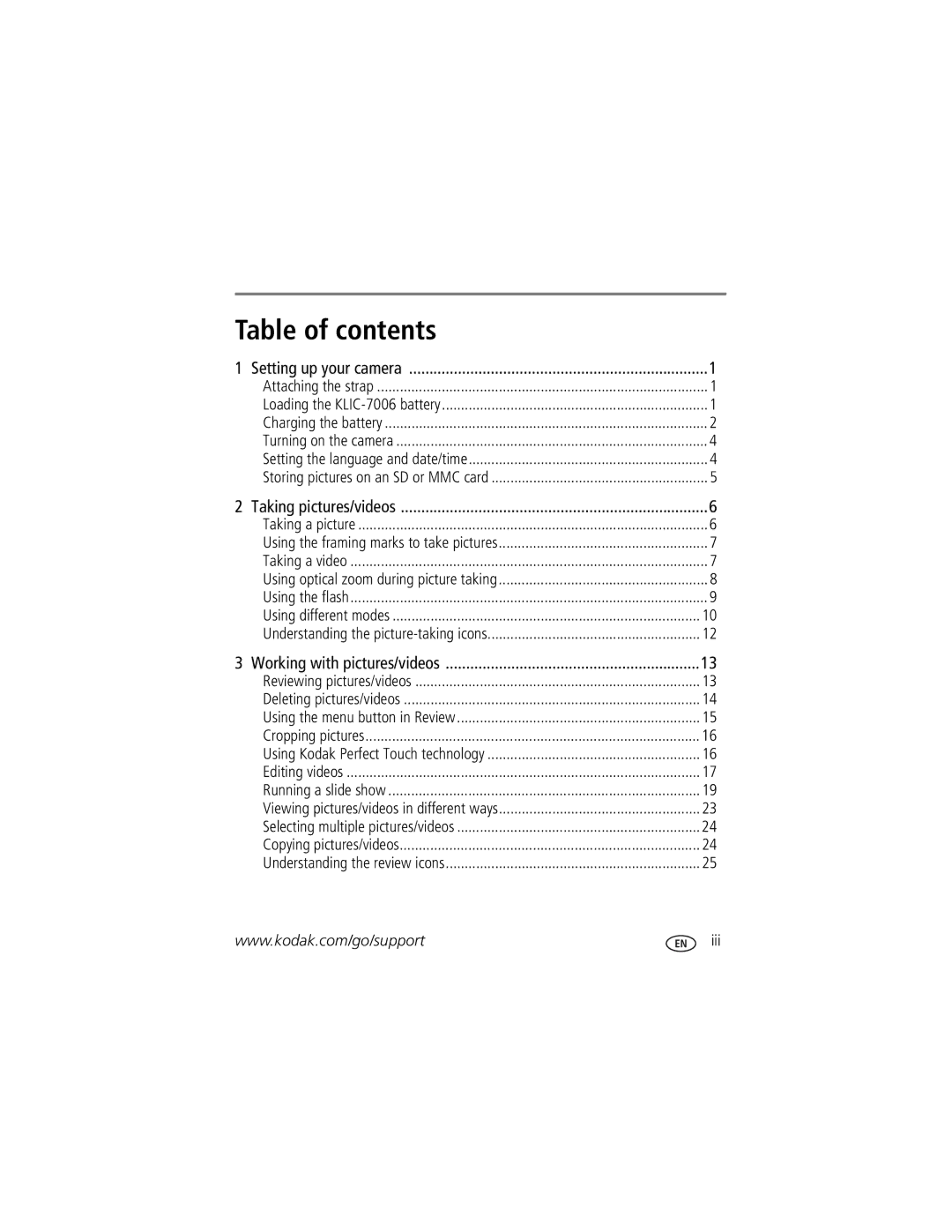 Kodak M873 manual Table of contents 