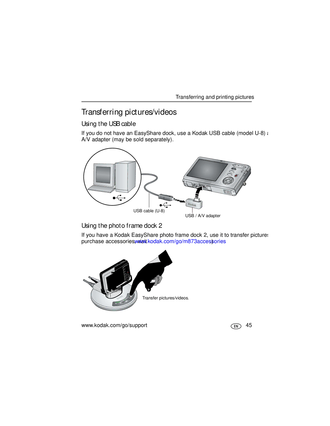 Kodak M873 manual Transferring pictures/videos, Using the USB cable, Using the photo frame dock 