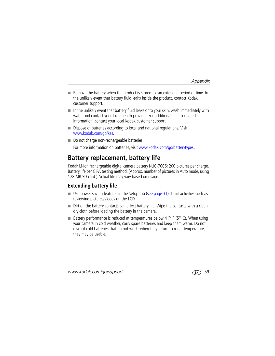 Kodak M873 manual Battery replacement, battery life, Extending battery life, Do not charge non-rechargeable batteries 