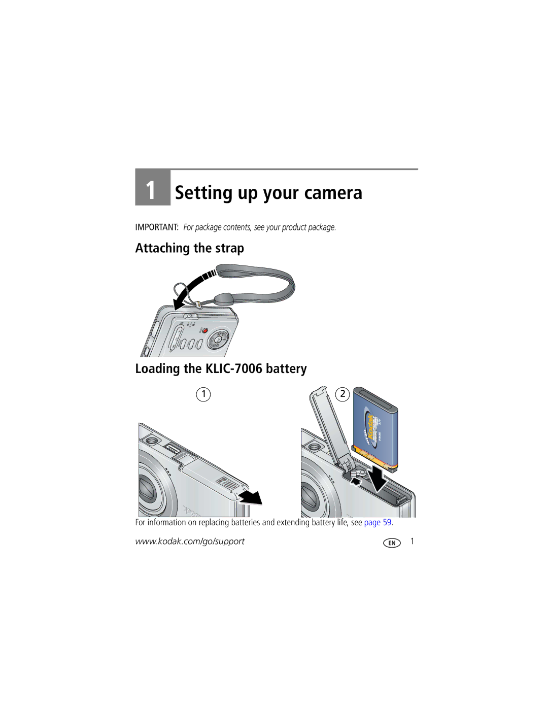 Kodak M873 manual Setting up your camera, Attaching the strap Loading the KLIC-7006 battery 