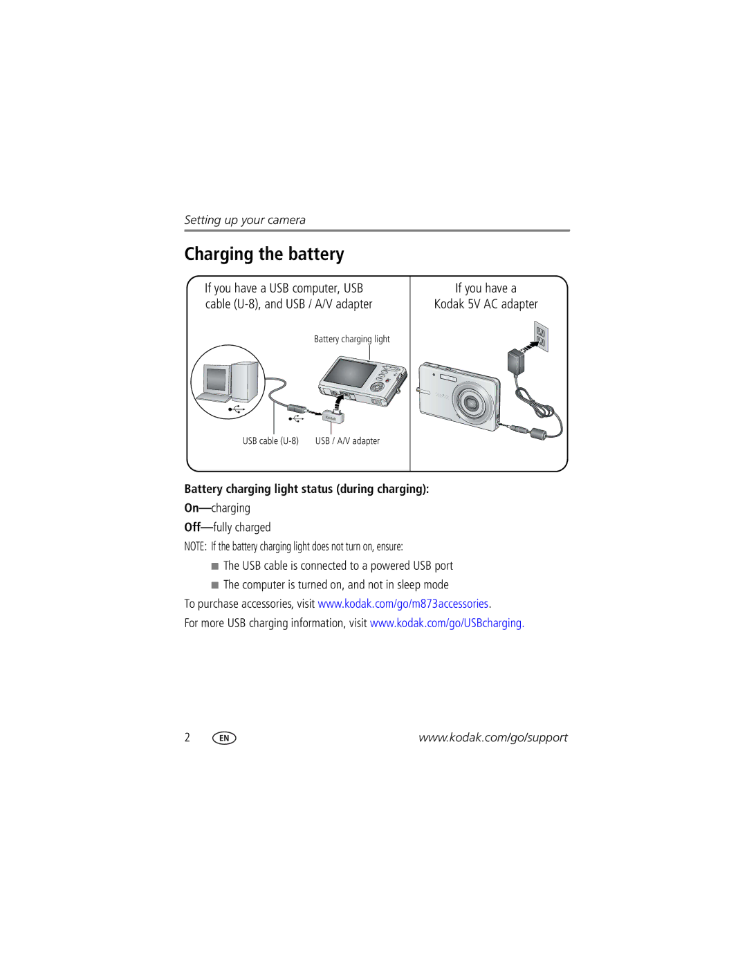 Kodak M873 manual Charging the battery, If you have a Kodak 5V AC adapter, Battery charging light status during charging 