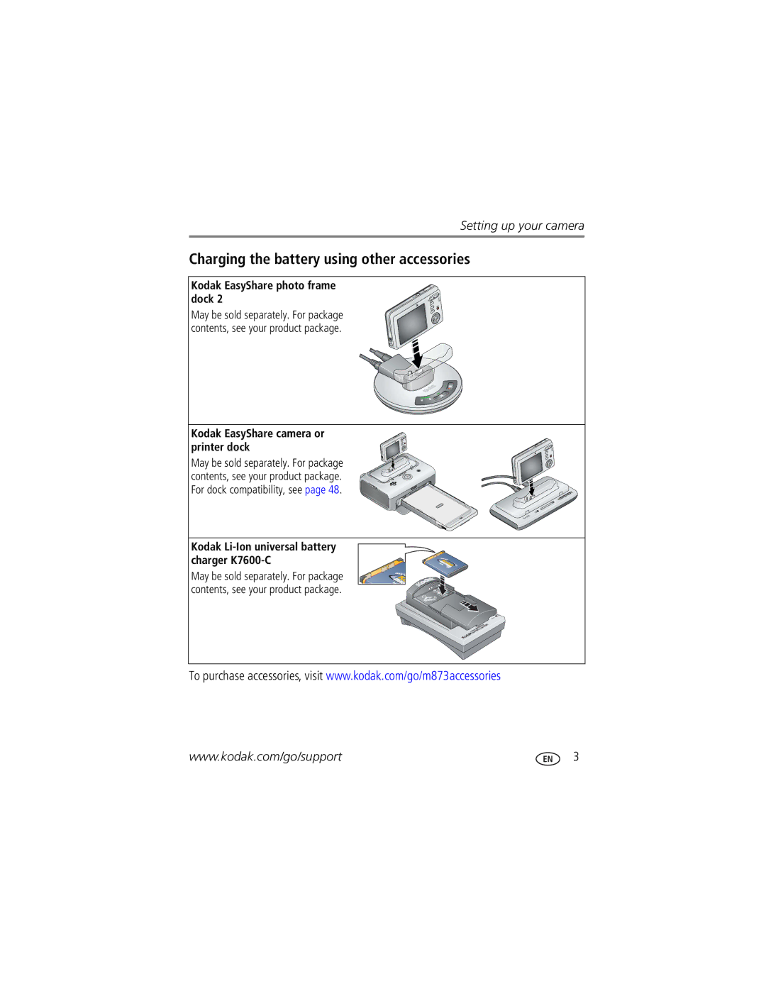 Kodak M873 manual Charging the battery using other accessories, Kodak EasyShare photo frame dock 