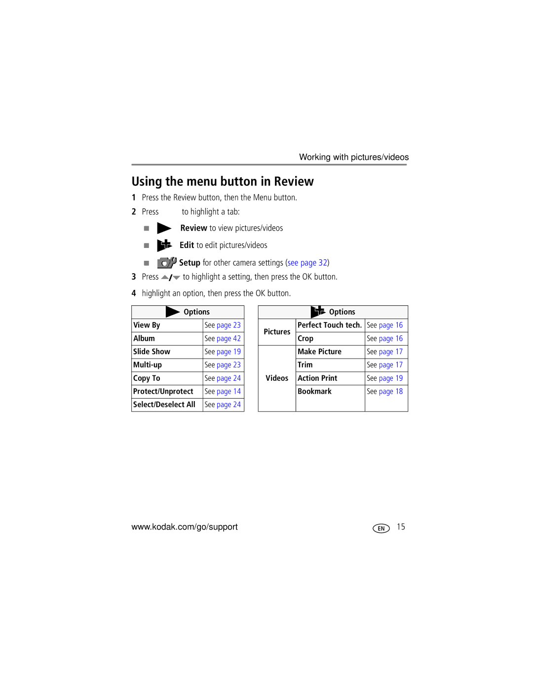 Kodak M883 manual Using the menu button in Review 