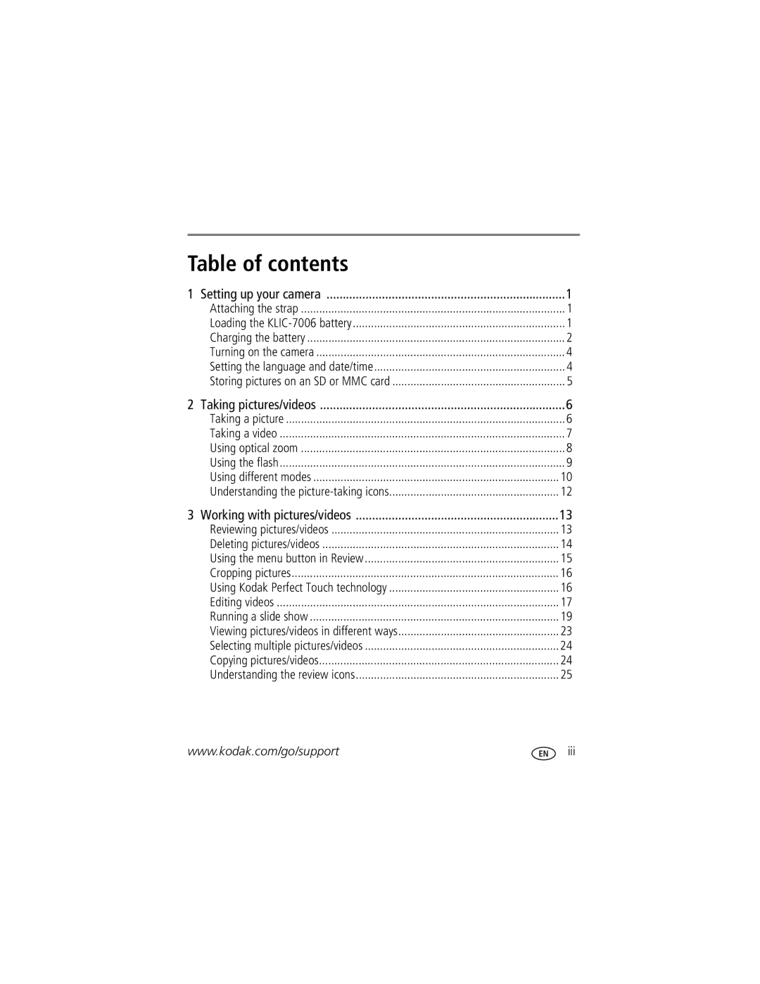 Kodak M883 manual Table of contents 