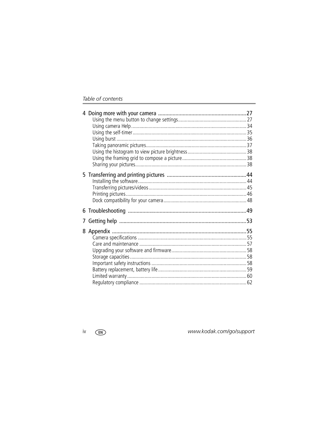 Kodak M883 manual Table of contents 