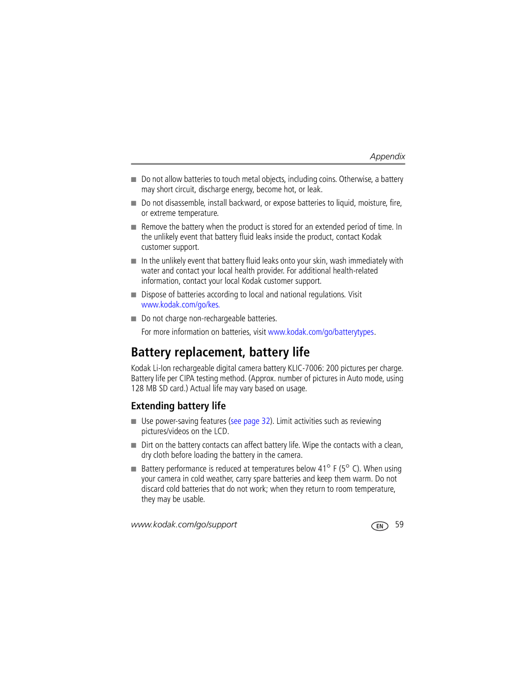 Kodak M883 manual Battery replacement, battery life, Extending battery life, Do not charge non-rechargeable batteries 