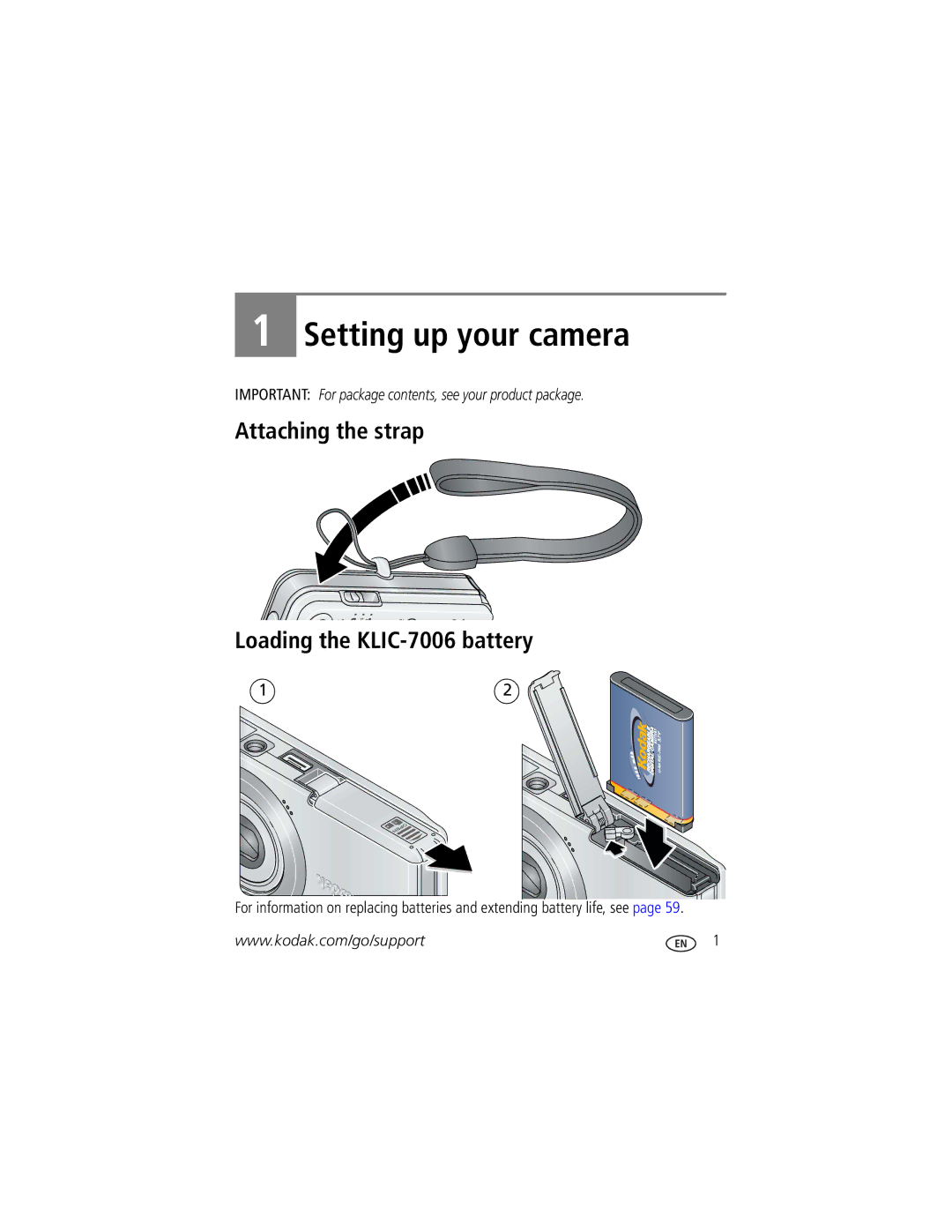 Kodak M883 manual Setting up your camera, Attaching the strap Loading the KLIC-7006 battery 