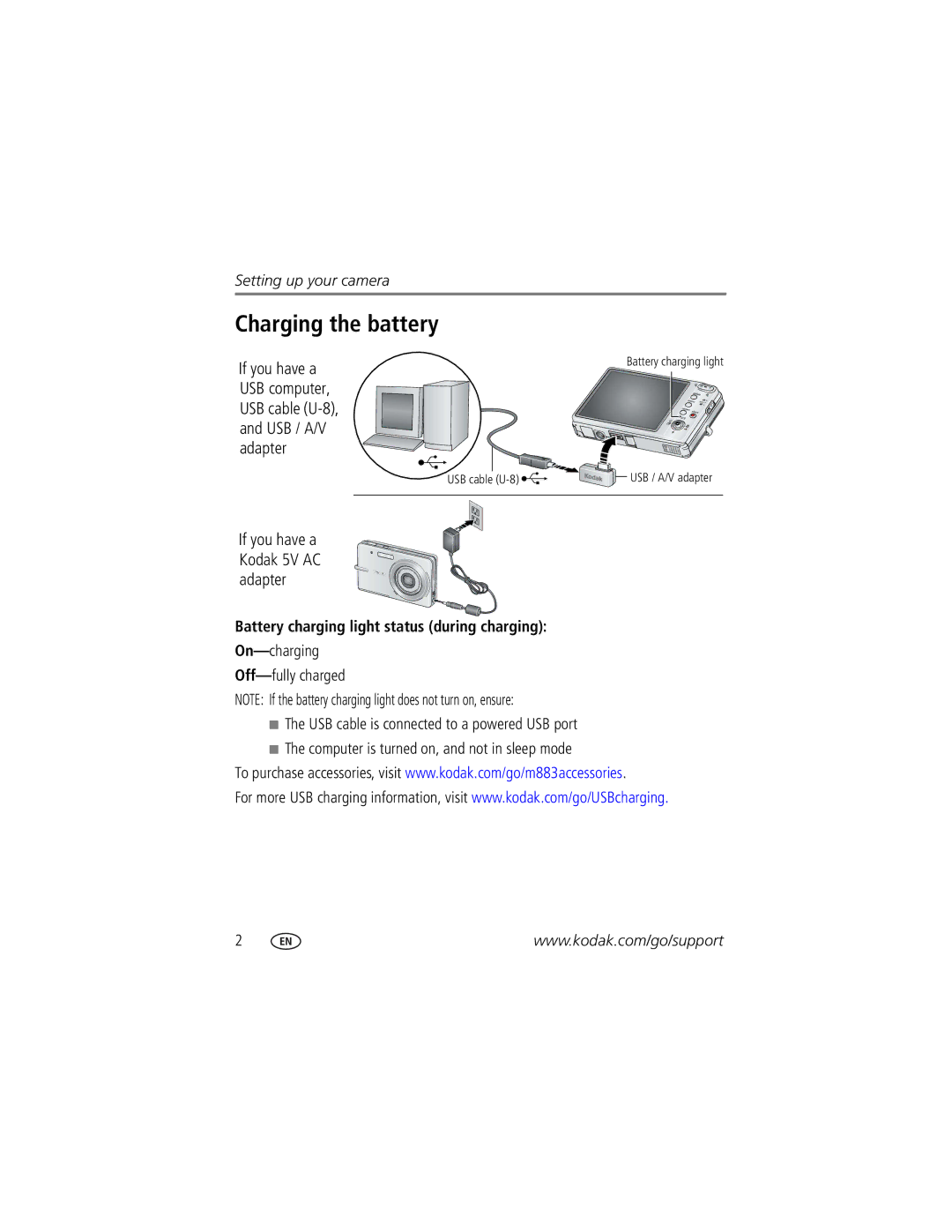 Kodak M883 manual Charging the battery, If you have a Kodak 5V AC adapter, Battery charging light status during charging 