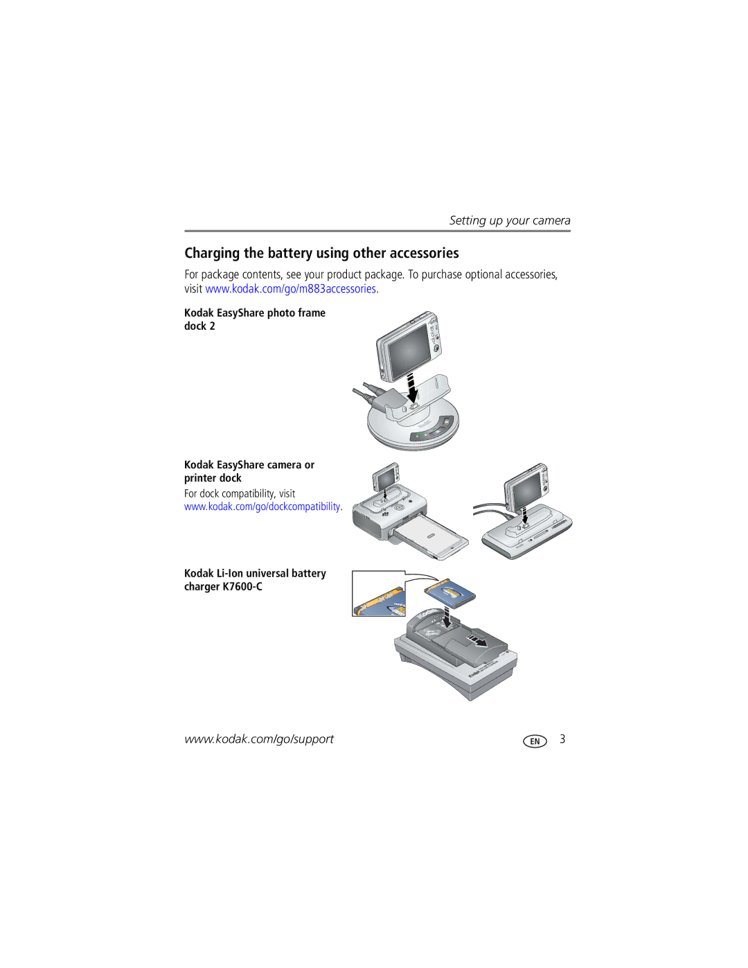 Kodak M883 manual Charging the battery using other accessories, Kodak Li-Ion universal battery charger K7600-C 