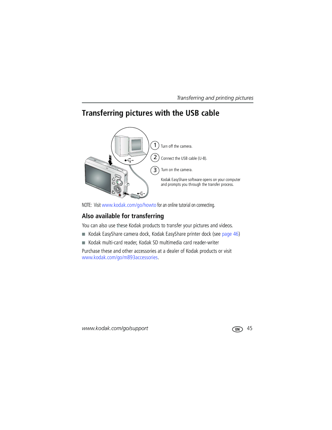 Kodak M893 IS manual Transferring pictures with the USB cable, Also available for transferring 