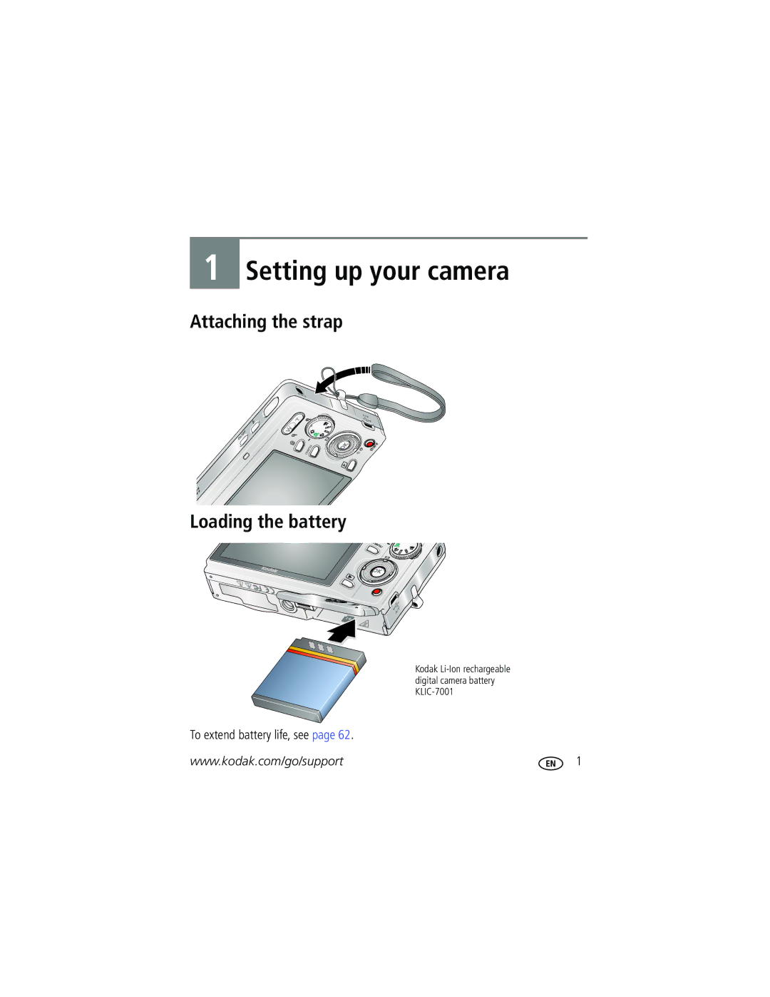 Kodak M893 IS manual Attaching the strap Loading the battery, To extend battery life, see 