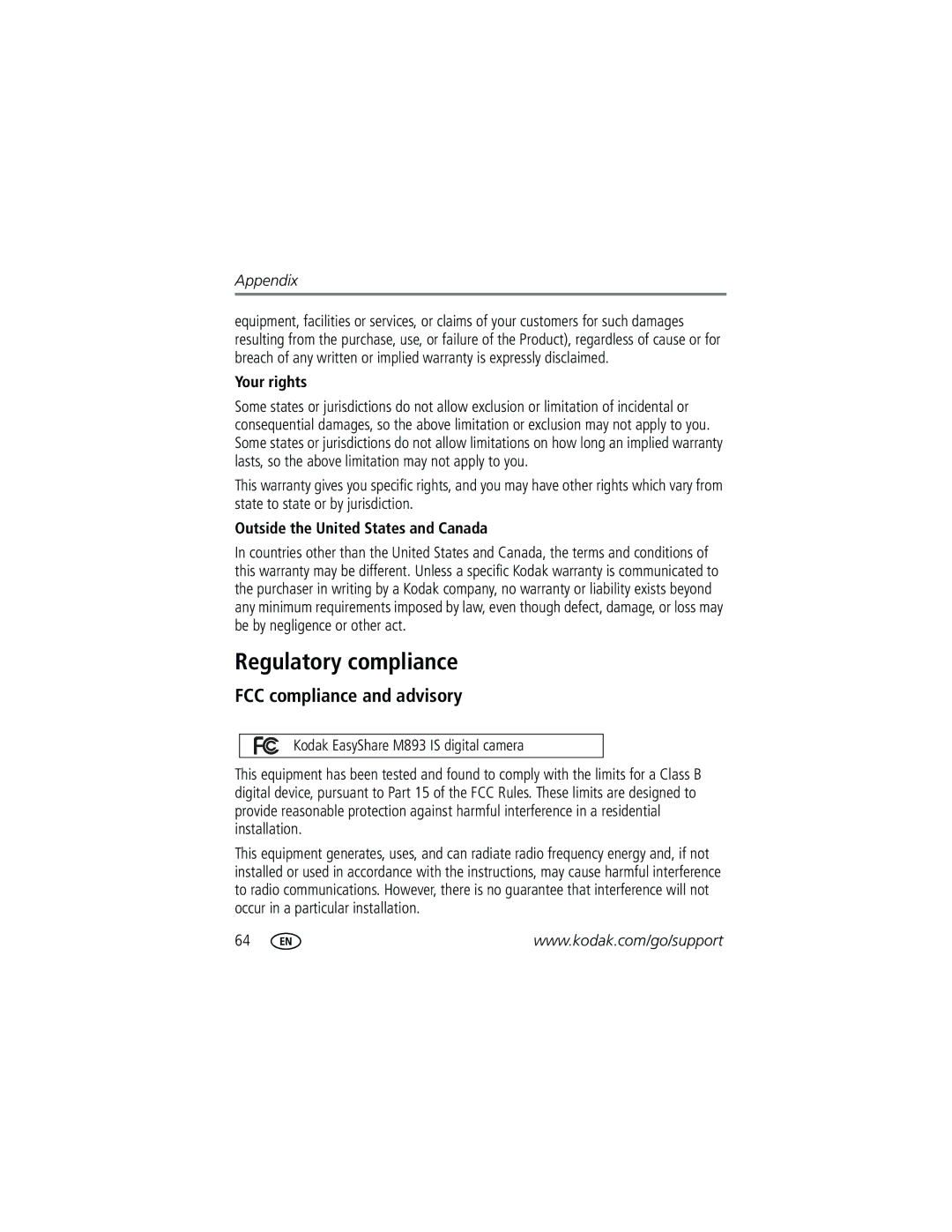 Kodak M893 IS manual Regulatory compliance, FCC compliance and advisory, Your rights, Outside the United States and Canada 