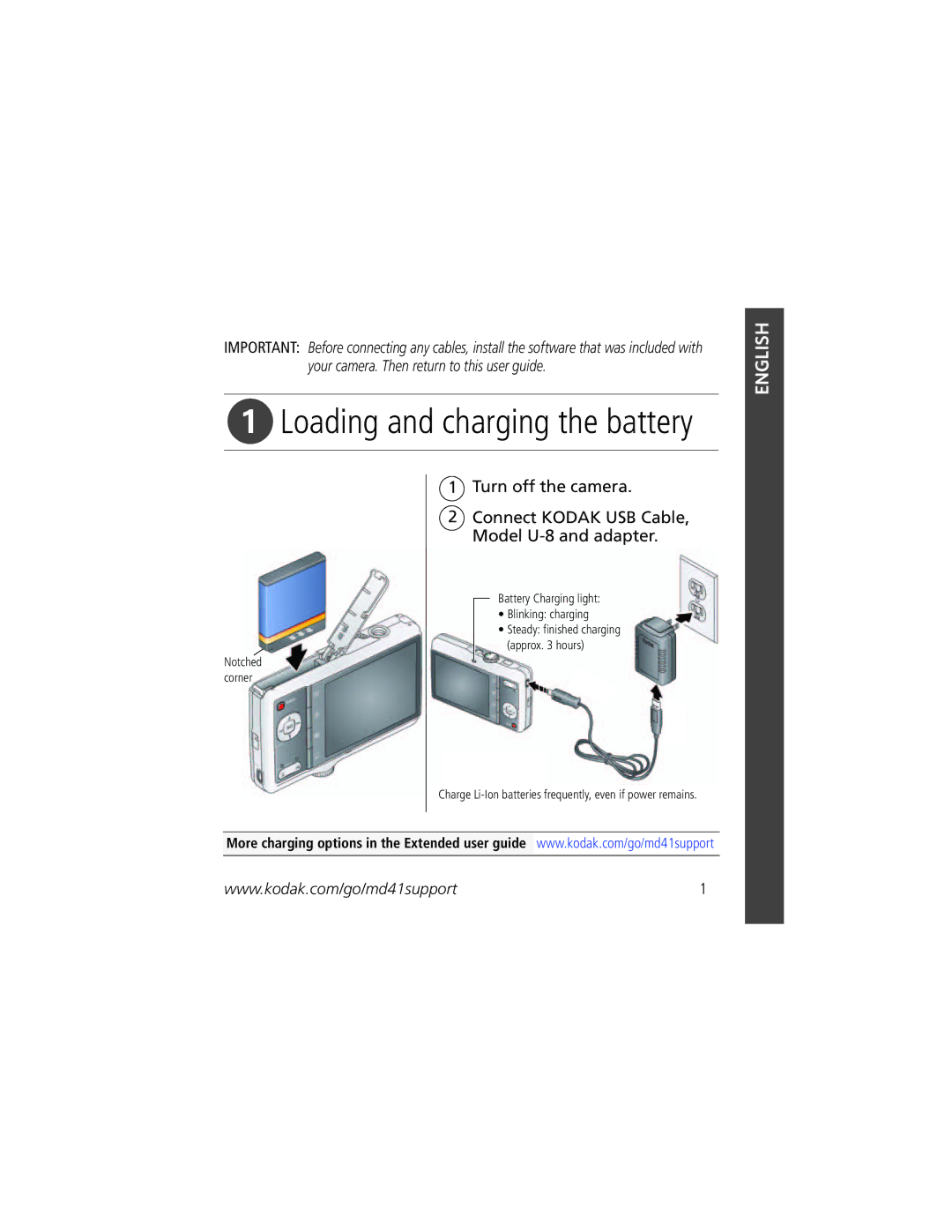 Kodak MD41 manual Loading and charging the battery 